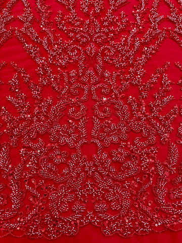 Piros Couture csipke geometriai mintával, gyöngyökkel, gyöngyöcskékkel és flitterekkel