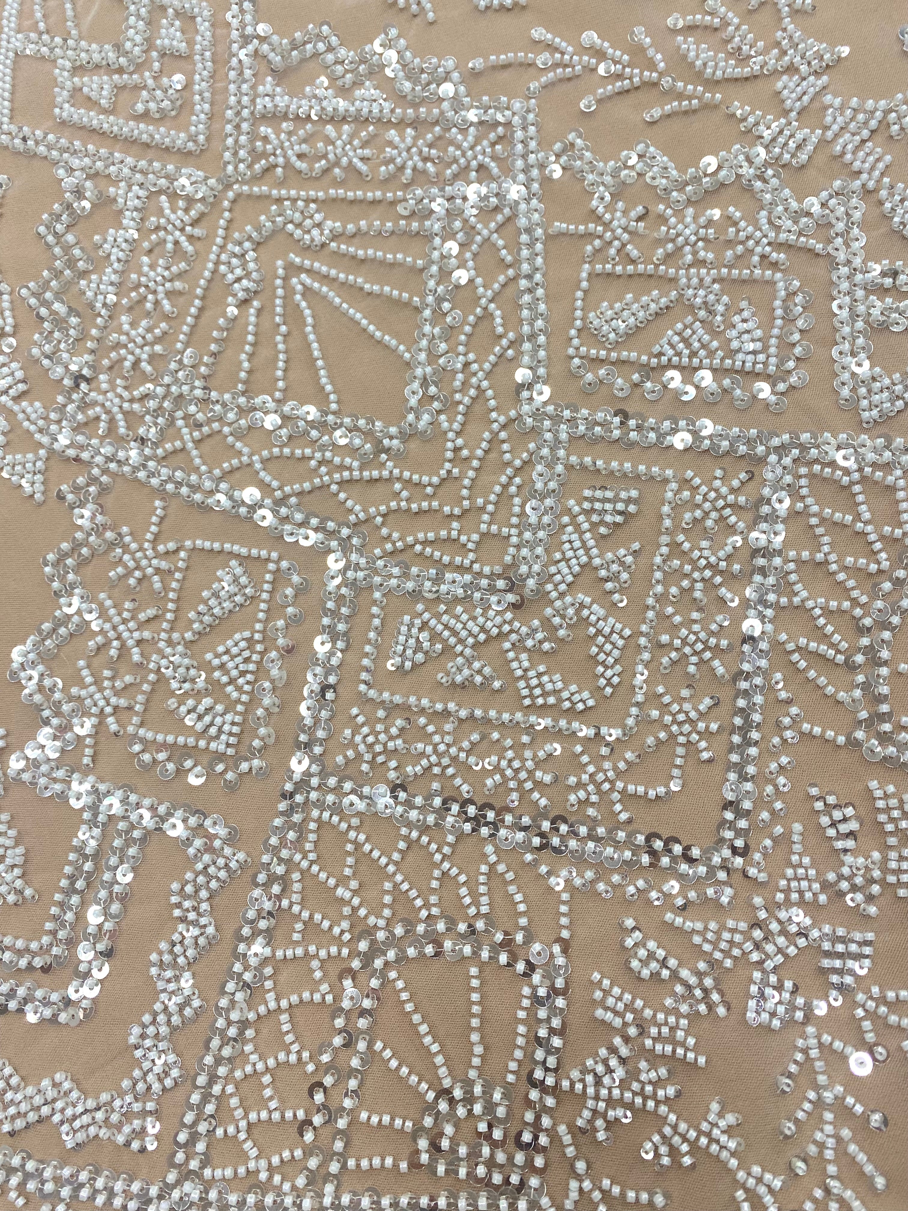 Dantela Couture Ivory cu Model Geometric, cu Margele si Paiete