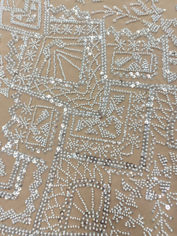 Dantela Couture Ivory cu Model Geometric, cu Margele si Paiete