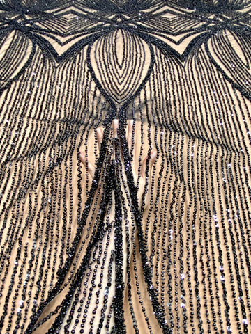 Dantela Couture Neagra cu Model Geometric, cu Perle, Margele si Paiete