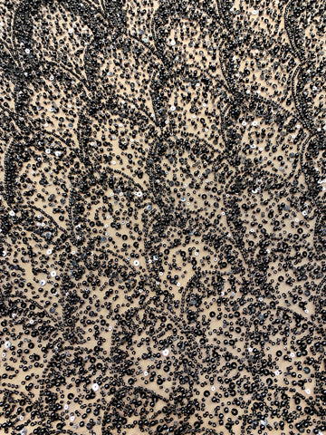 Dantela Couture Neagra cu Model Geometric, cu Perle, Margele si Paiete