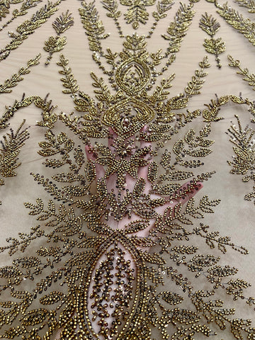 Dantela Couture Antik Arany Szimmetrikus Mintával, Gyöngyökkel és Flitterekkel