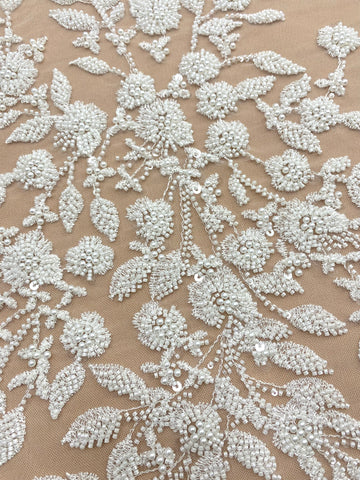 Dantela Couture Ivory cu Model Floral, Perle, Margele si Paiete