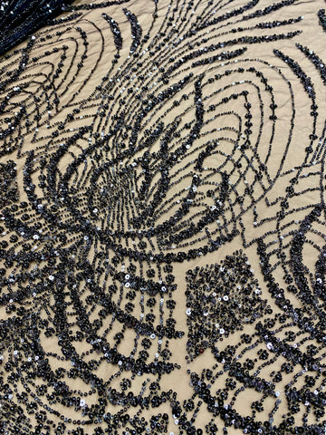 Dantela Couture Neagra cu Panou, cu Perle, Margele si Paiete
