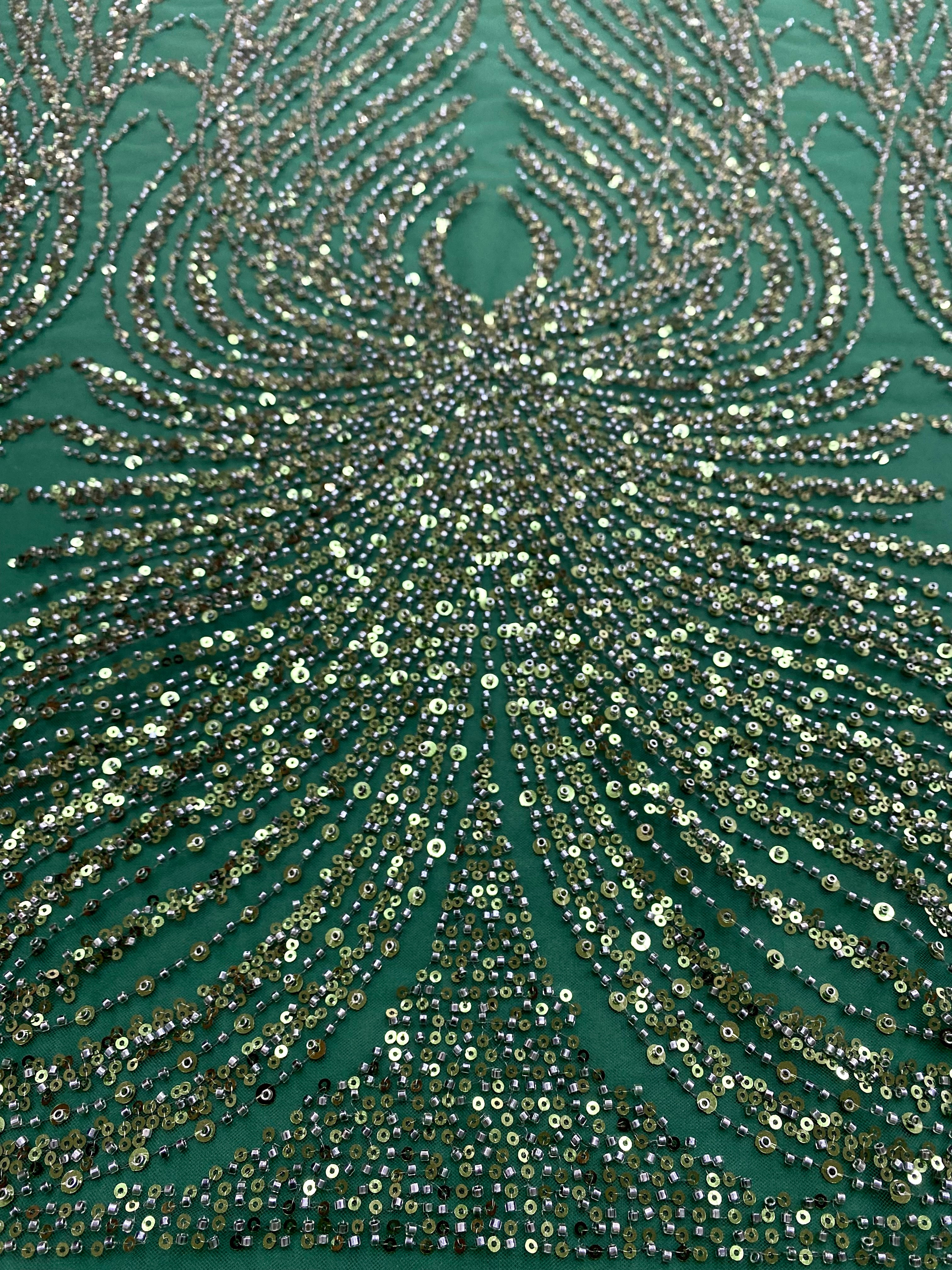Dantela Couture Verde Smarald cu Panou, cu Margele si Paiete