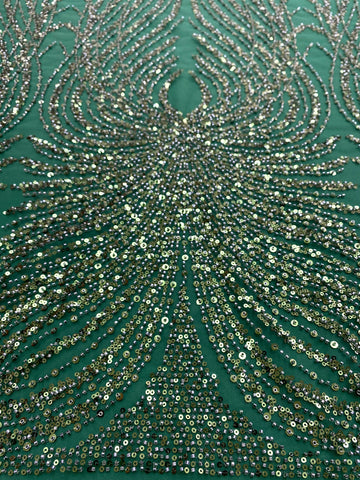 Dantela Couture Verde Smarald cu Panou, cu Margele si Paiete