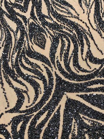 Dantela Couture Neagra cu Model Geometric, cu Perle, Margele si Paiete