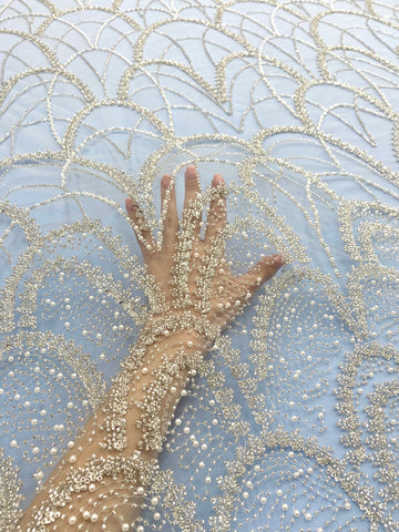 Dantela Couture Argintie cu Tulle Baby Blue cu Model Geometric, cu Perle, Margele Si Paiete