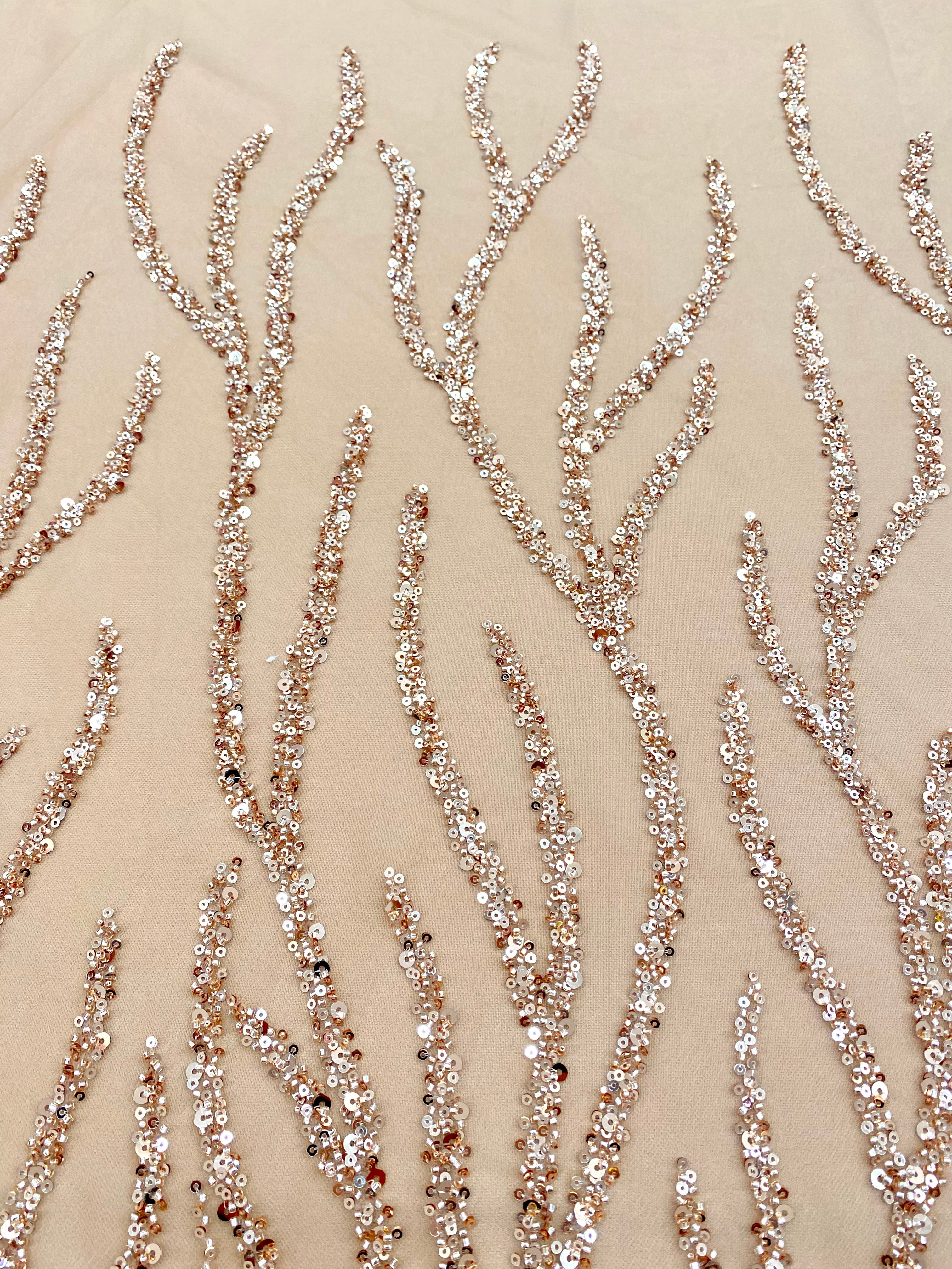 Dantela Couture Auriu Rose cu Siraguri, cu Margele si Paiete