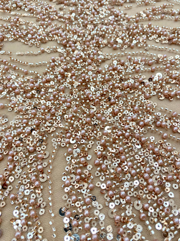 Dantela Couture Auriu Rose cu Model Liniar, cu Perle, Margele si Paiete