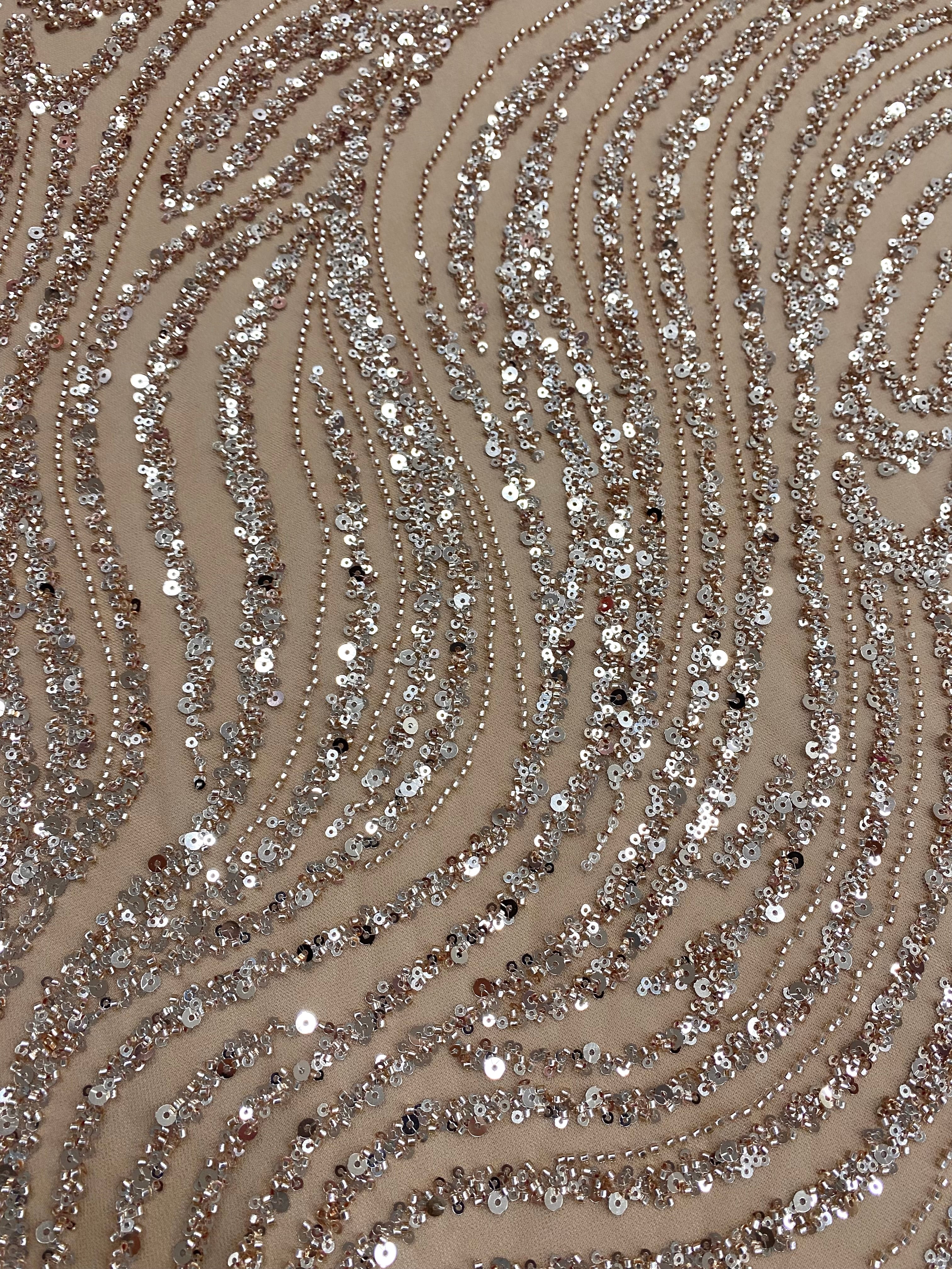 Dantela Couture Auriu Rose cu Model Liniar, cu Margele si Paiete