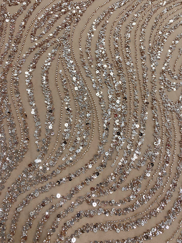 Dantela Couture Auriu Rose cu Model Liniar, cu Margele si Paiete