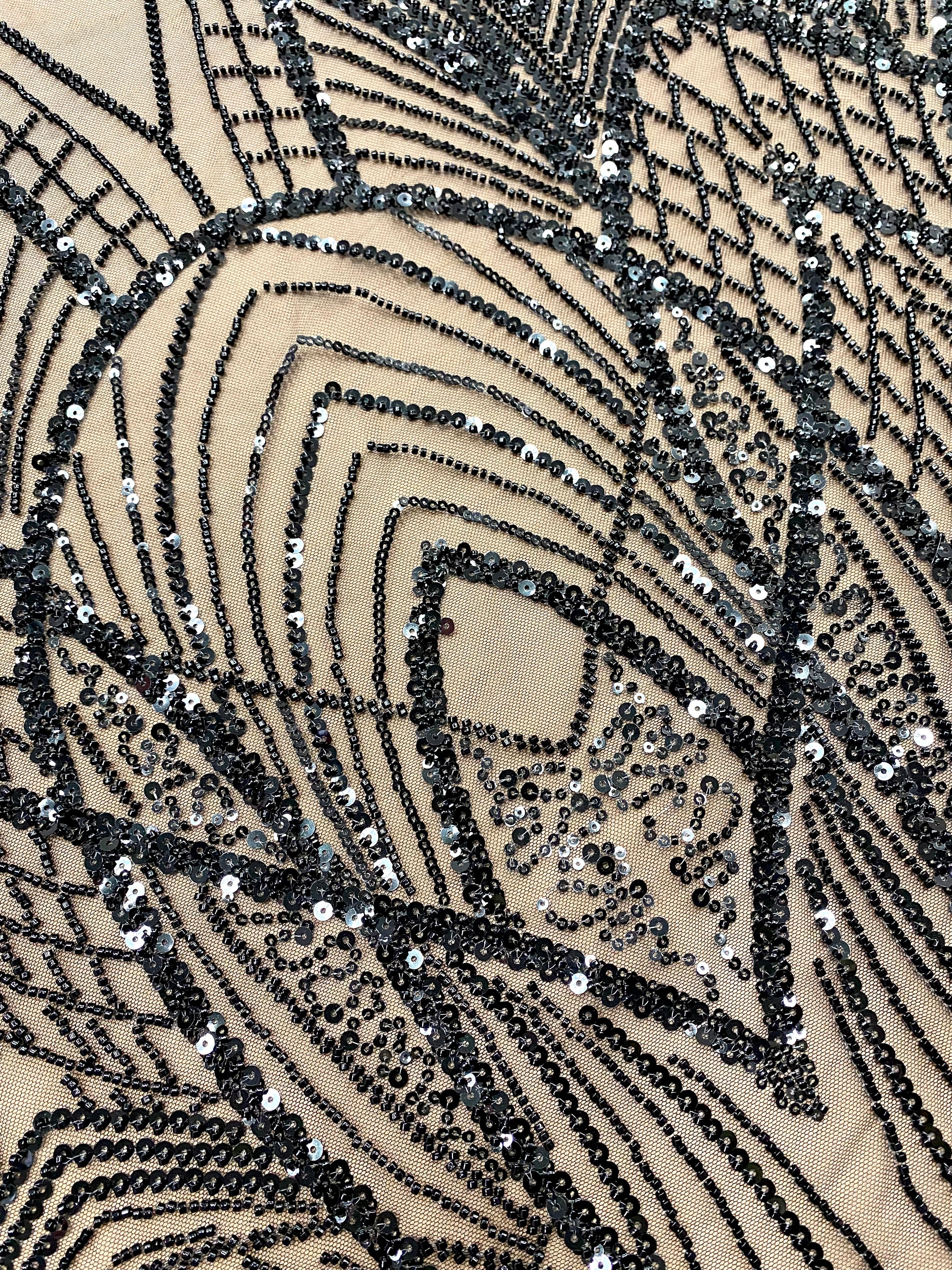 Dantela Couture Neagra cu Panou, cu Margele si Paiete