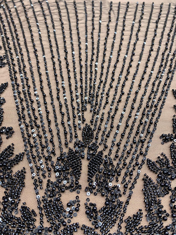 Dantela Couture Neagra cu Model Geometric, cu Perle, Margele si Paiete