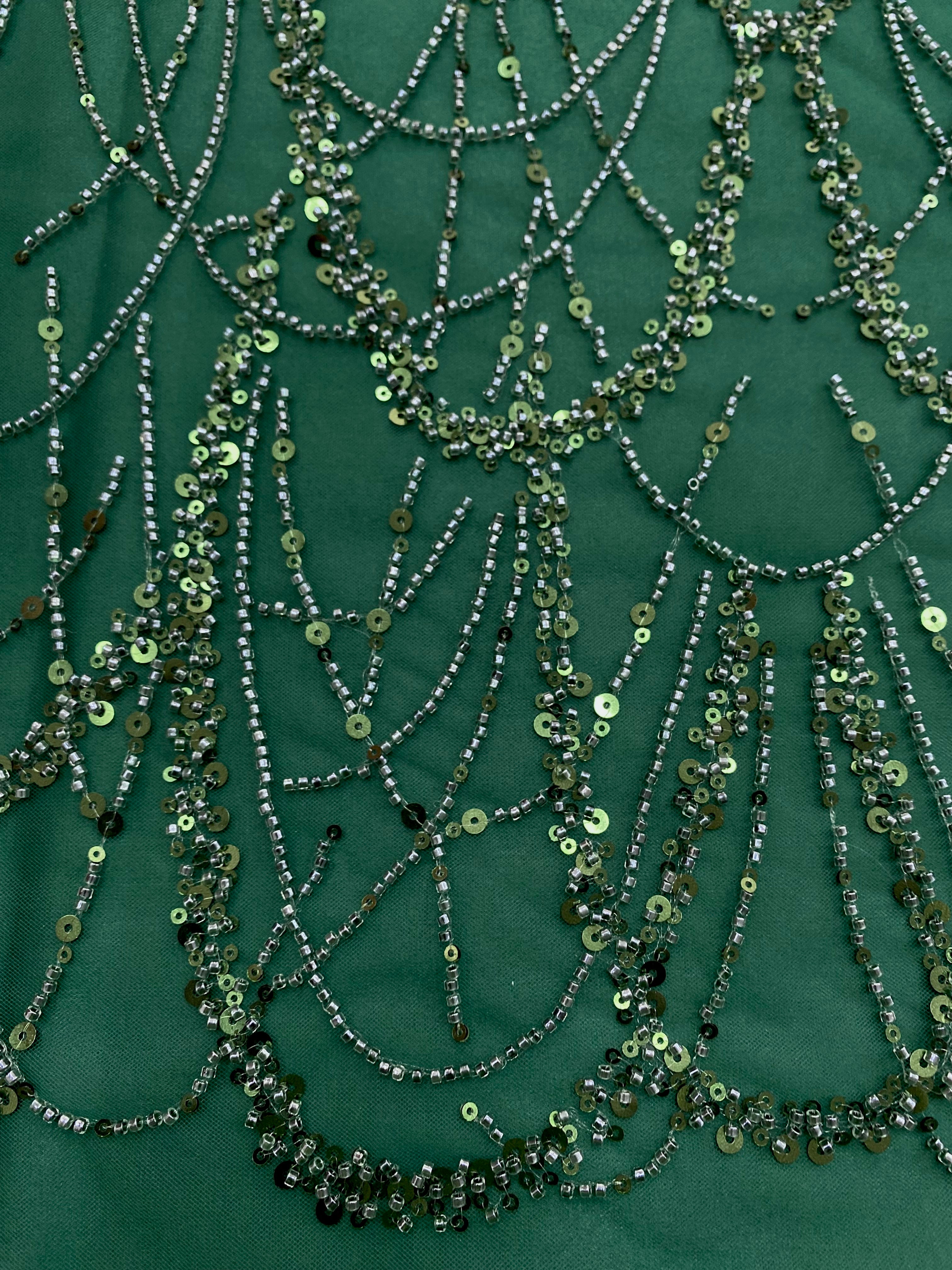 Dantela Couture Verde Smarald cu Model Geometric cu Margele si Paiete