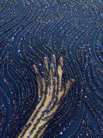 Dantela Couture Bleumarin cu Model Liniar, cu Margele si Paiete