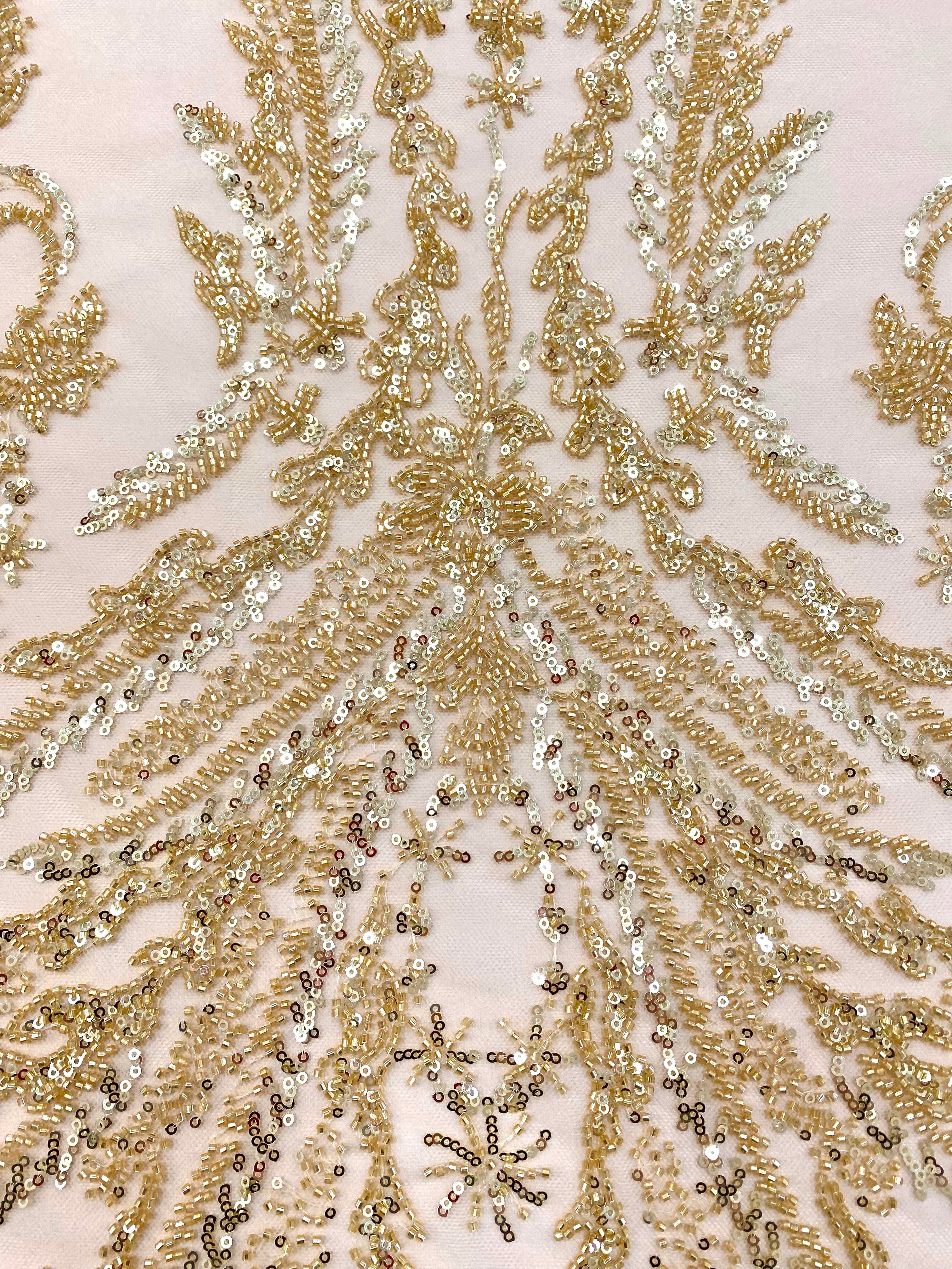 Dantela Couture Aurie cu Model Floral, cu Perle, Margele si Paiete