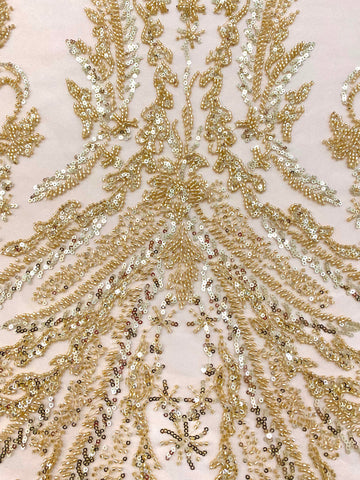 Dantela Couture Aurie cu Model Floral, cu Perle, Margele si Paiete