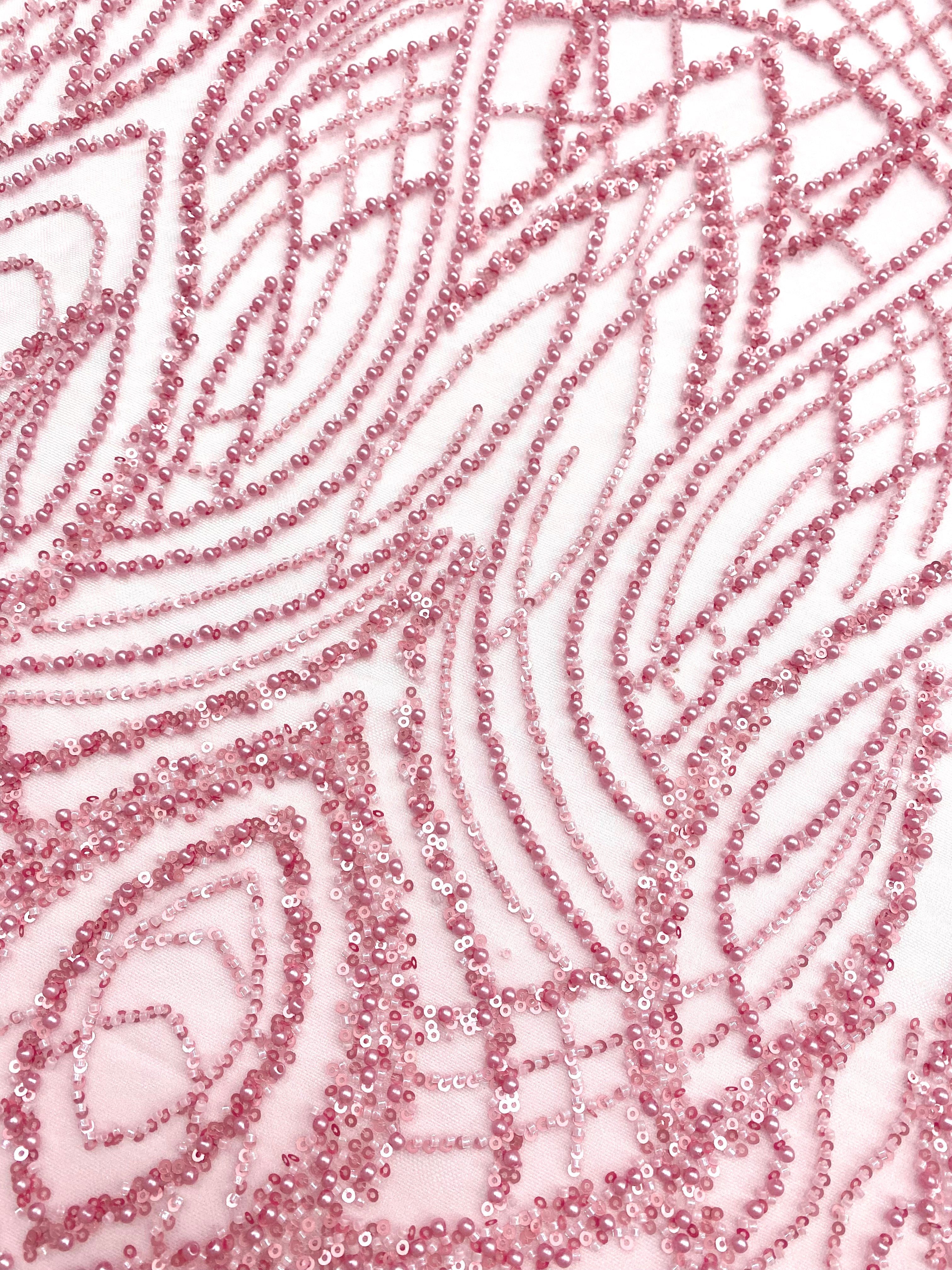 Dantela Couture Roz cu Perle, Margele si Paiete