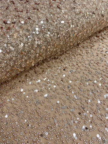 Csipke Couture arany rózsaszín átmenetes, gyöngyökkel, gyöngyökkel és flitterekkel