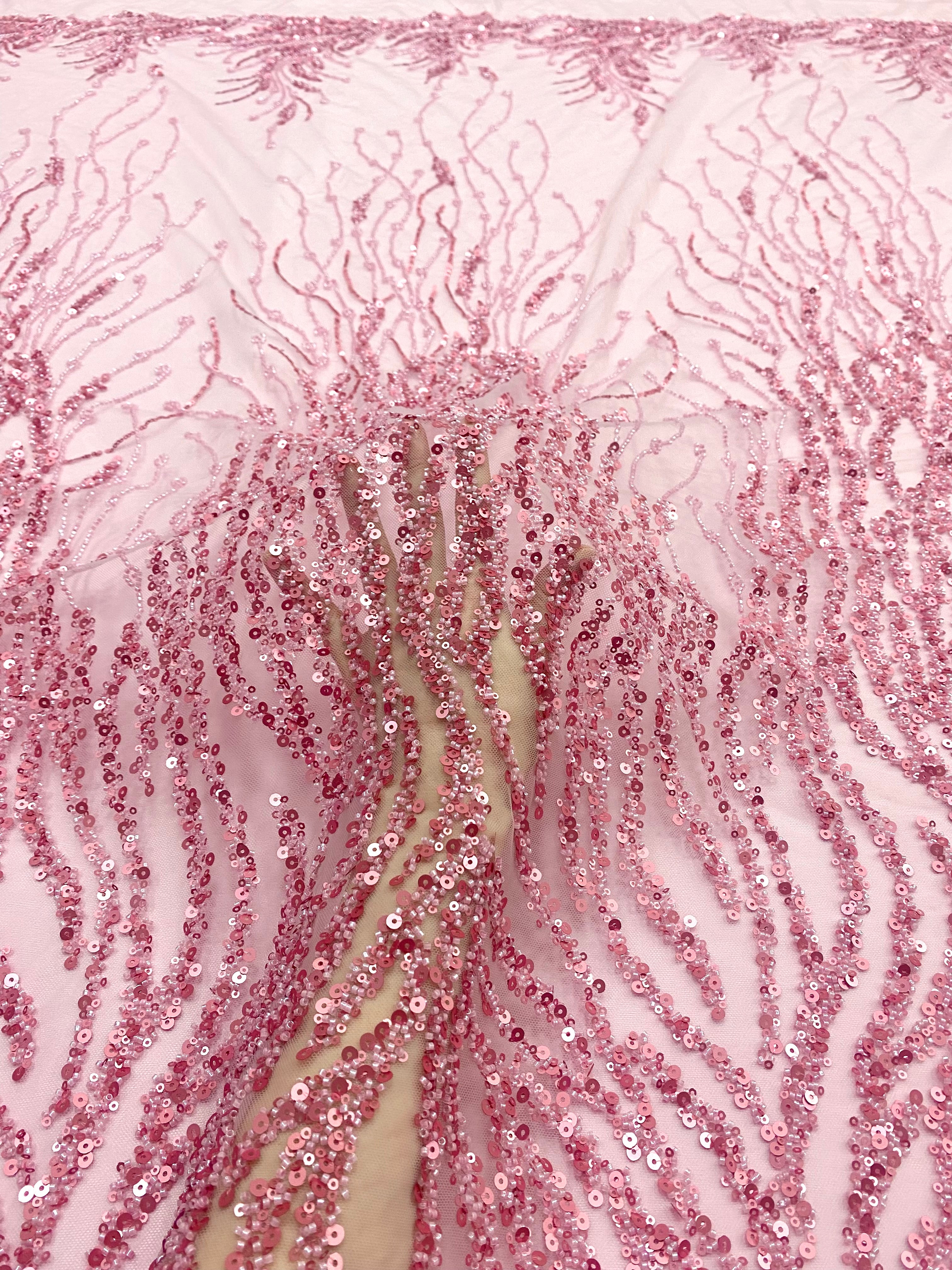 Dantela Couture Roz cu Siraguri, cu Margele si Paiete
