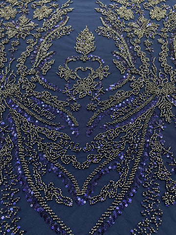 Dantela Couture Bleumarin cu Model Floral, cu Margele si Paiete