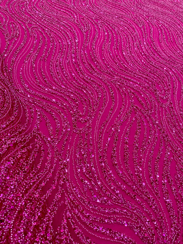 Dantela Couture Fucsia lineáris mintával, gyöngyökkel és flitterekkel