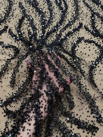 Dantela Couture Neagra cu Perle, Margele si Paiete