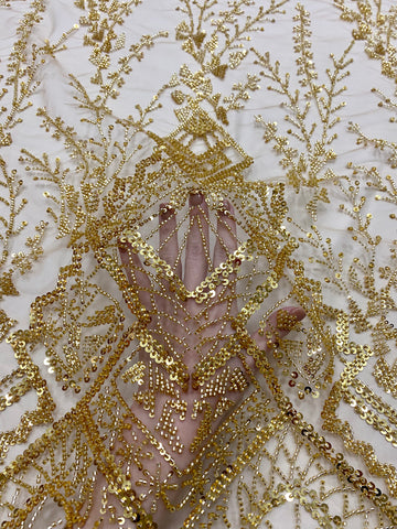 Dantela Couture Aurie cu Model Geometric, cu Margele si Paiete