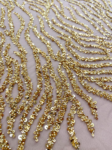 Dantela Couture Aurie cu Siraguri, cu Margele si Paiete