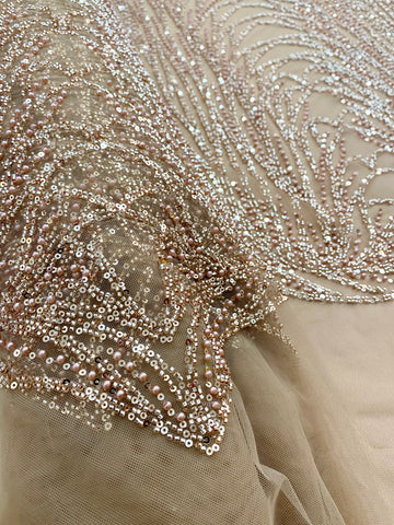 Dantela Couture Auriu Rose cu Model Liniar, cu Margele si Paiete