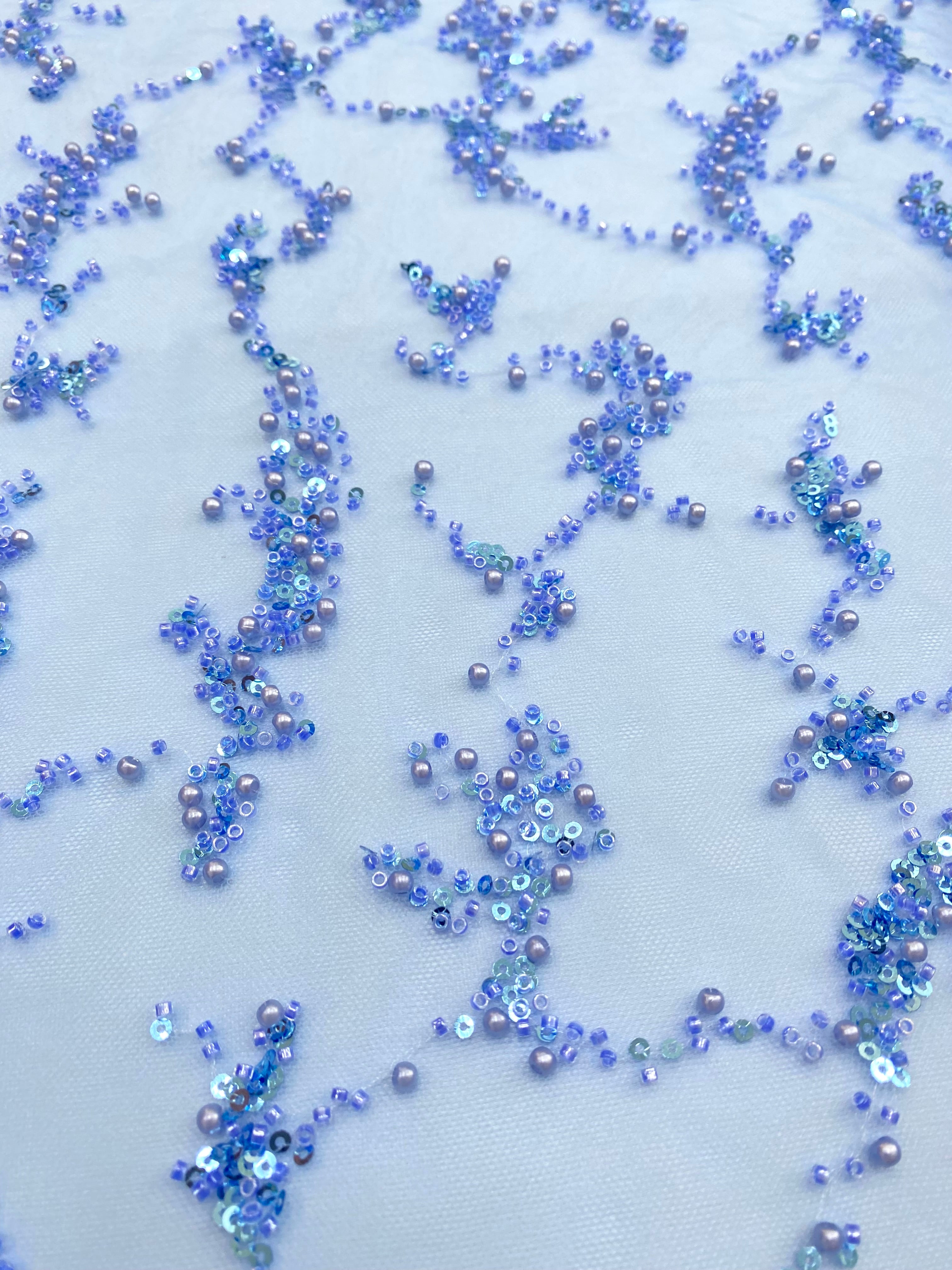 Dantela Couture Sky Blue cu Perle, Margele si Paiete