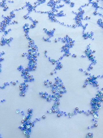 Dantela Couture Sky Blue cu Perle, Margele si Paiete