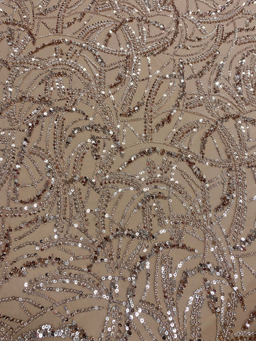 Dantela Couture Auriu Rose cu Model Geometric, Margele si Paiete