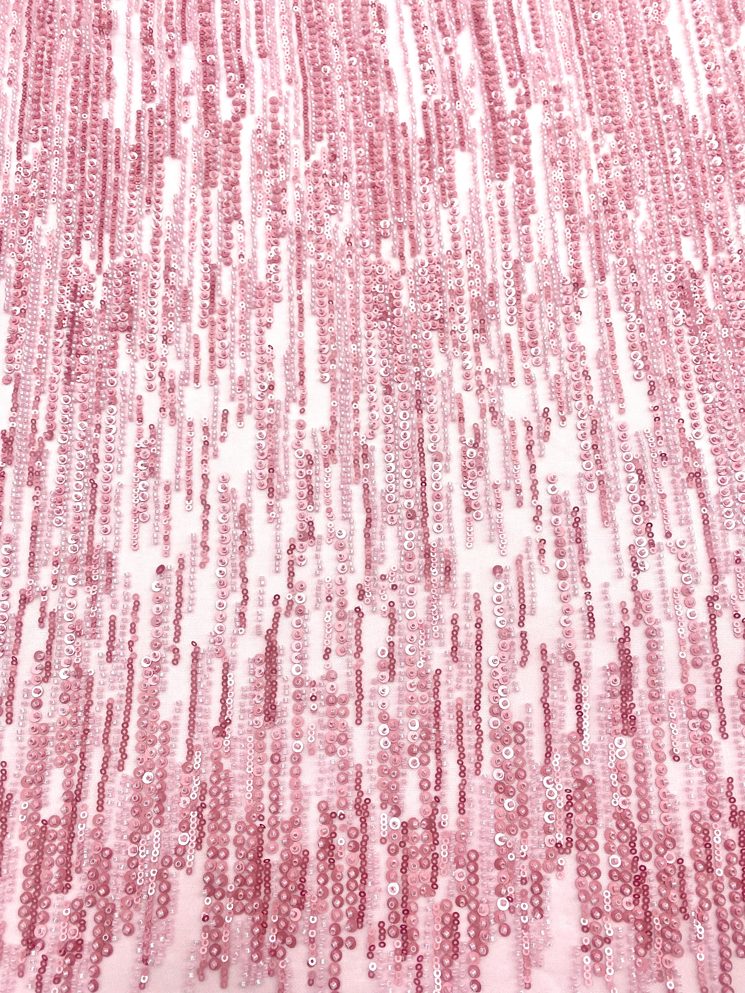 Dantela Couture Roz cu Model Liniar, cu Margele si Paiete