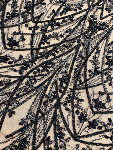 Dantela Couture Neagra cu Model Geometric, cu Perle, Margele si Paiete