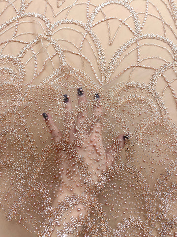 Dantela Couture Auriu Rose cu Model Geometric, cu Perle, Margele si Paiete