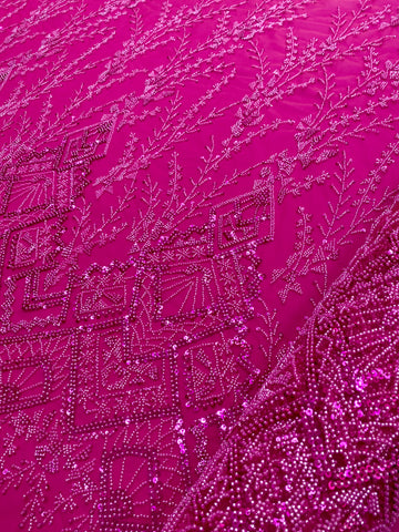 Dantela Couture Fucsia cu Model Geometric, cu Margele si Paiete