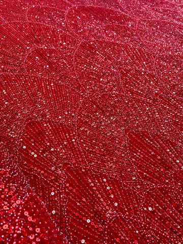 Piros Couture csipke geometriai mintával, gyöngyökkel, gyöngyöcskékkel és flitterekkel