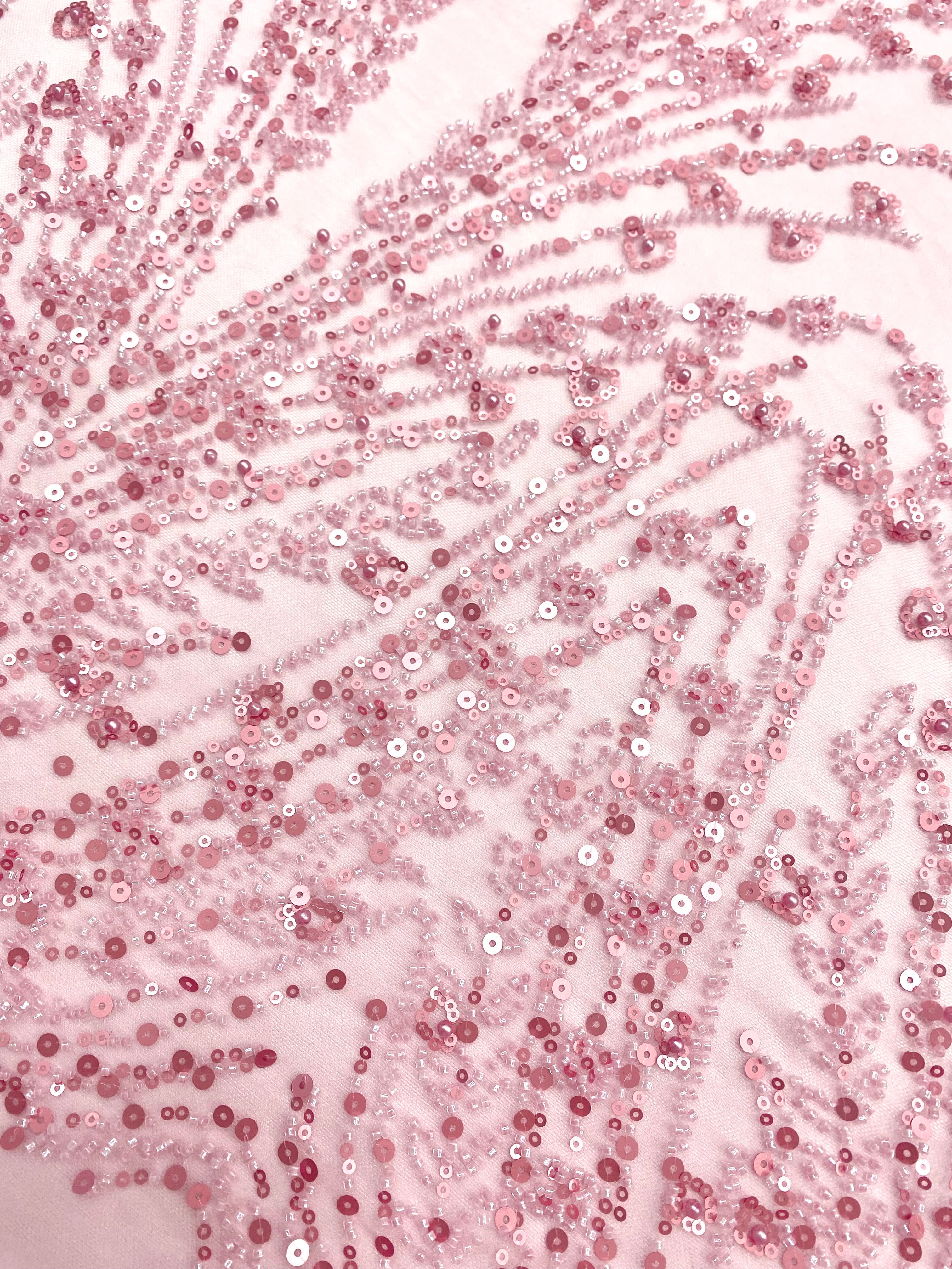 Dantela Couture Roz cu Model Geometric, cu Perle, Margele si Paiete