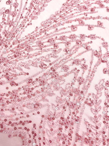 Dantela Couture Roz cu Model Geometric, cu Perle, Margele si Paiete