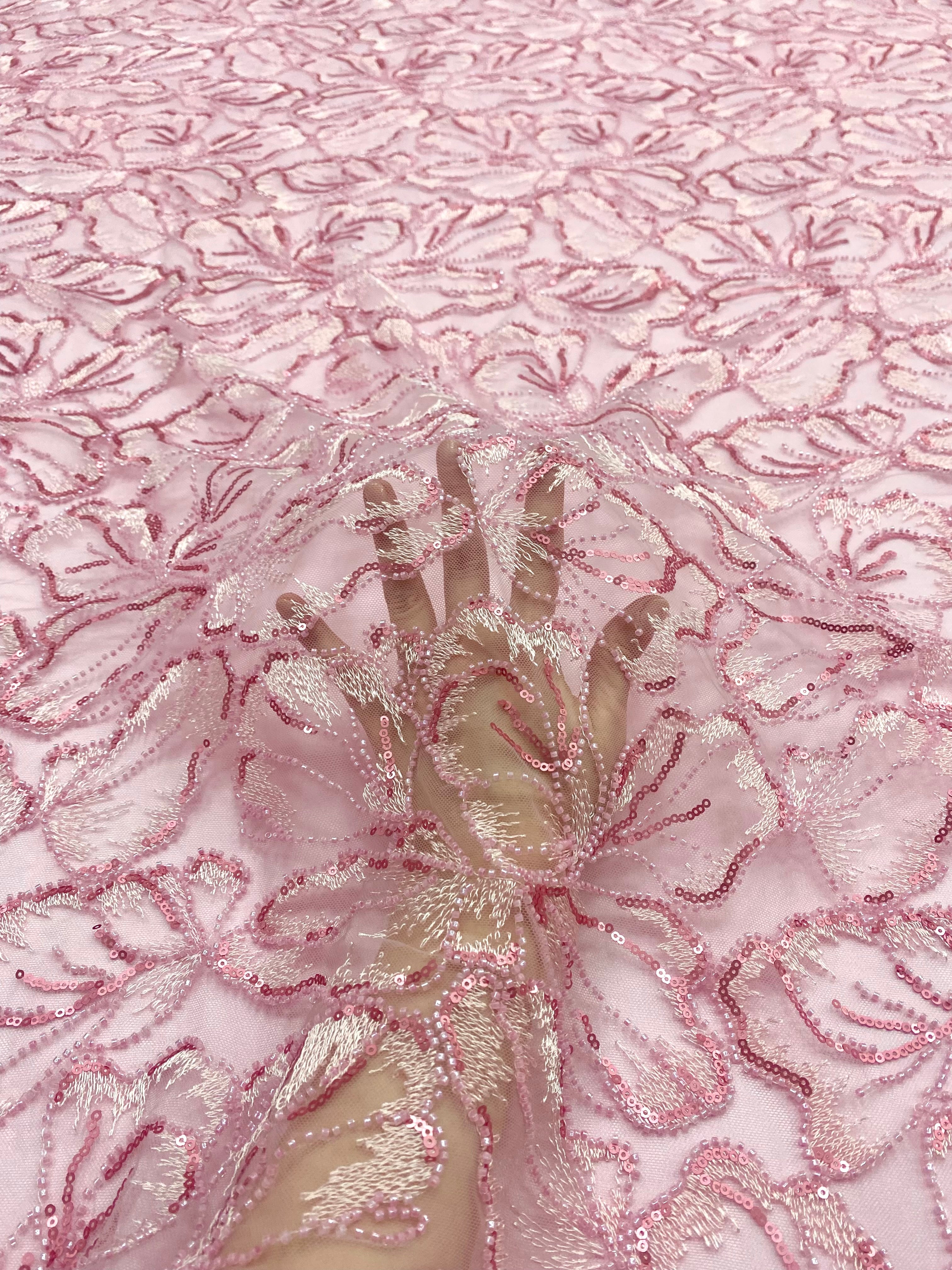 Dantela Couture Roz cu Model Floral, cu Margele si Paiete