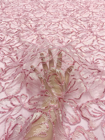 Dantela Couture Roz cu Model Floral, cu Margele si Paiete