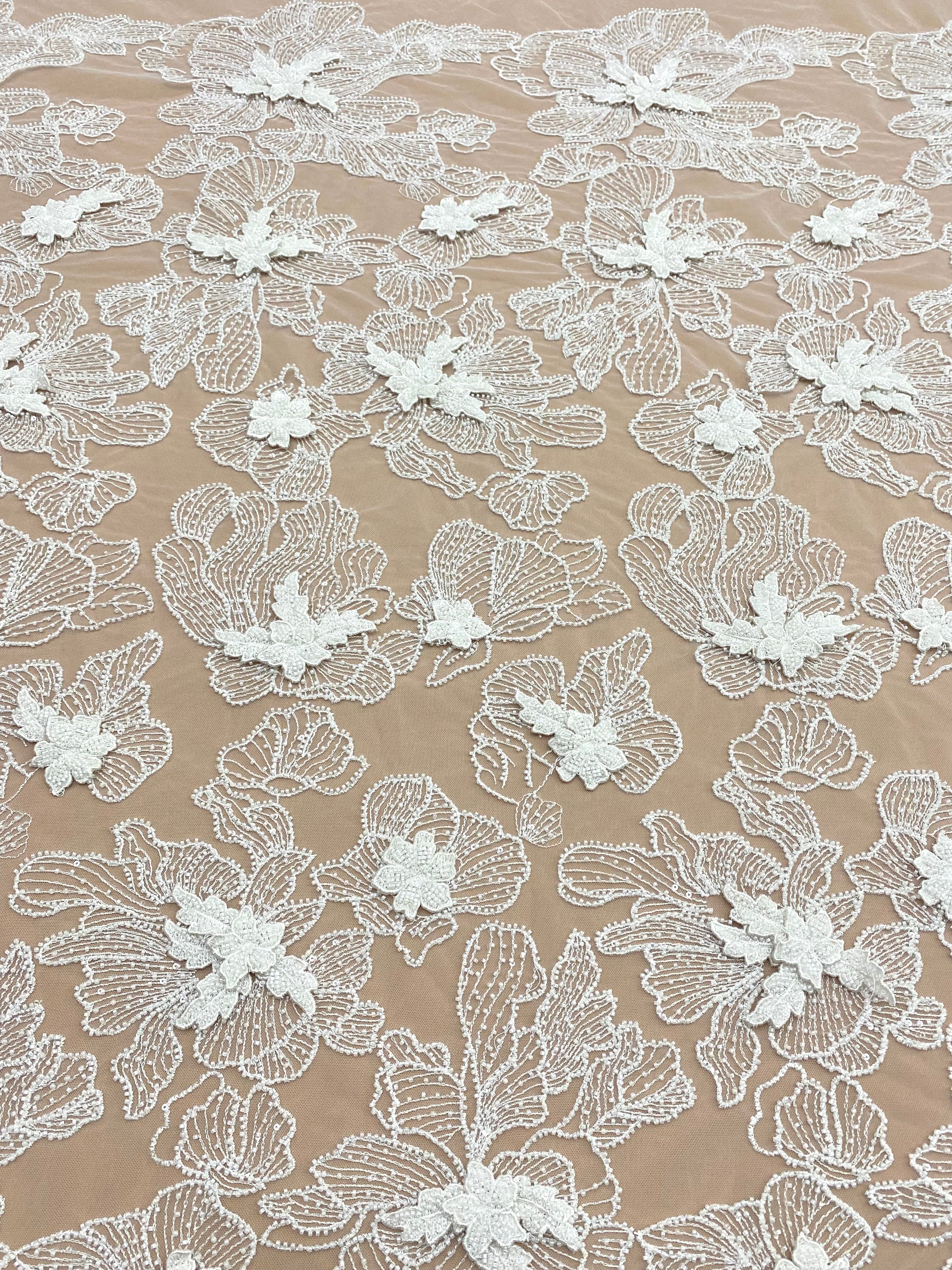 Dantela Couture 3D cu Flori Ivory, cu Margele si Paiete