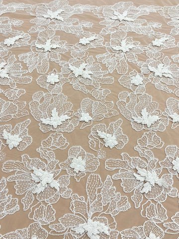 Dantela Couture 3D cu Flori Ivory, cu Margele si Paiete
