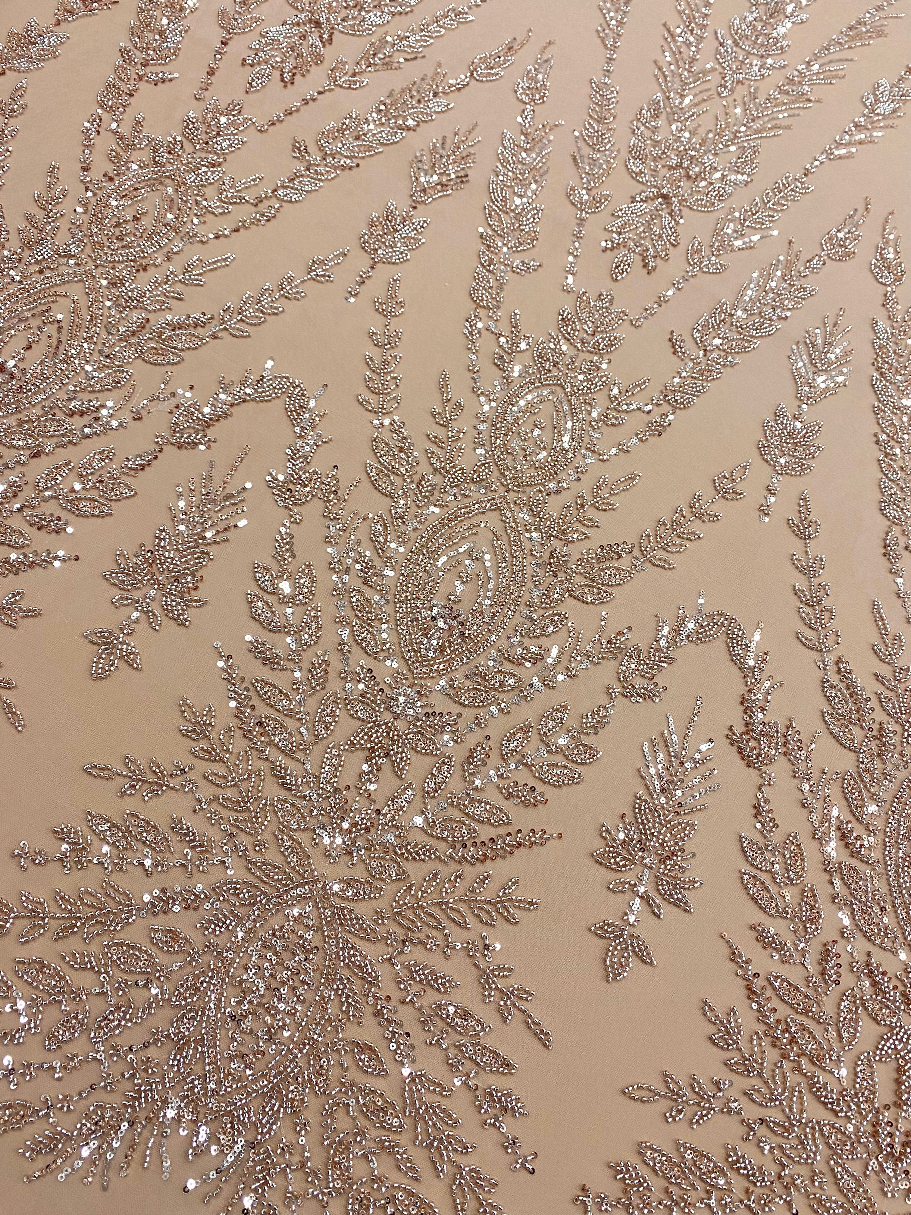 Dantela Couture Auriu Rose cu Model Simetric, cu Margele si Paiete