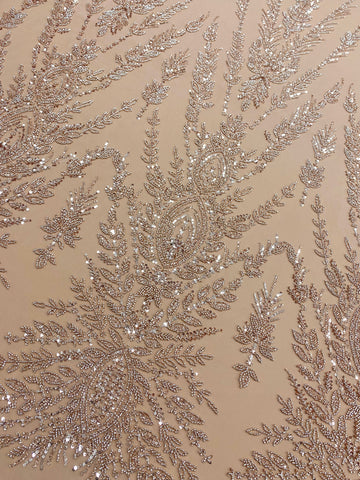 Dantela Couture Auriu Rose cu Model Simetric, cu Margele si Paiete
