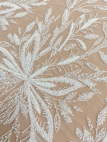 Dantela Couture Ivory cu Model Floral, cu Perle, Margele si Paiete