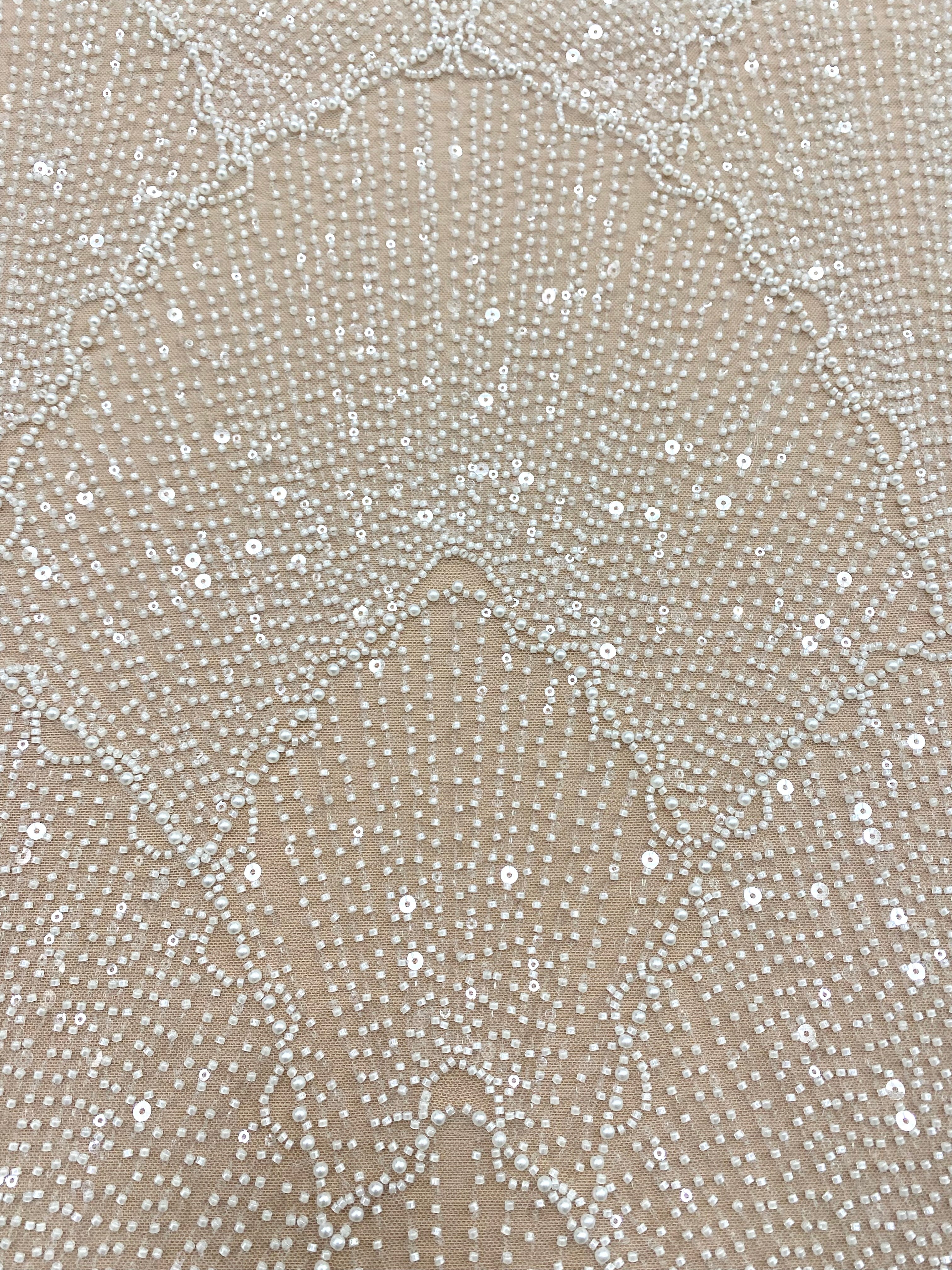 Dantela Couture Ivory cu Model Geometric, cu Perle, Margele si Paiete