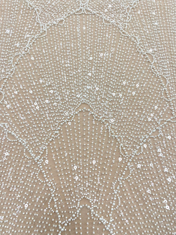 Dantela Couture Ivory cu Model Geometric, cu Perle, Margele si Paiete